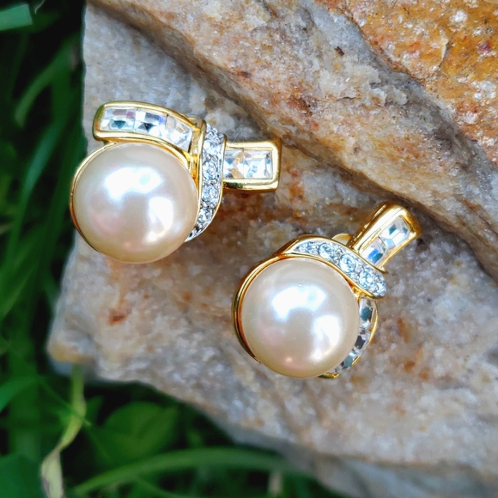 Vtg Kenneth Jay Lane Kjl Pearl Diamante Rs Earring - image 5